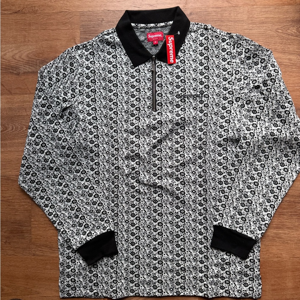 Supreme Black & White Floral Zip Polo Shirt